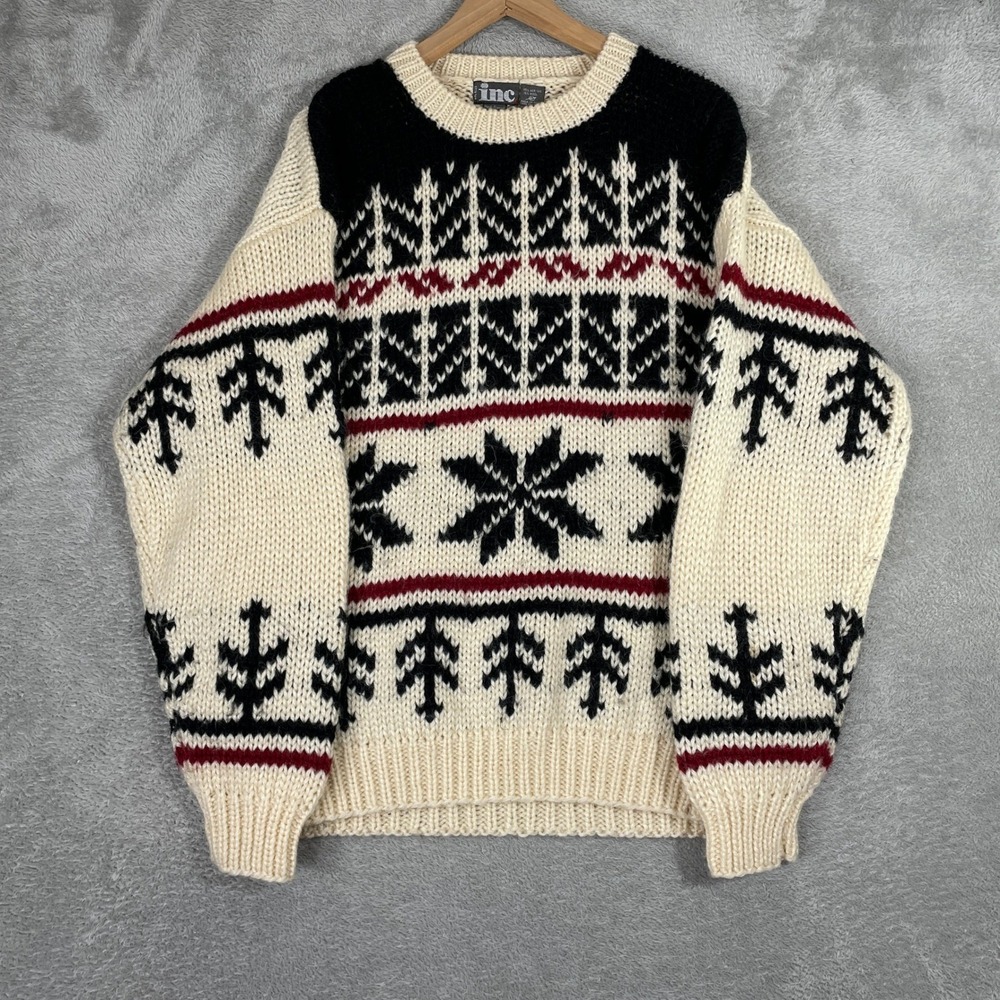 INC Fair Isle Sweater Mens XL Cream Wool Blend Snowflake Pine Tree Vintage 90s